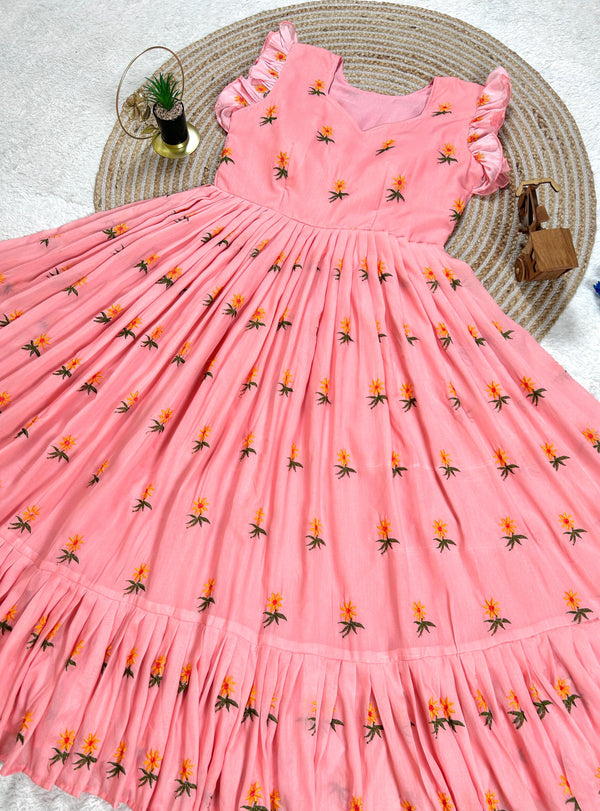 Pure Mul Mul Cotton Gown With Embroidery Thread Work