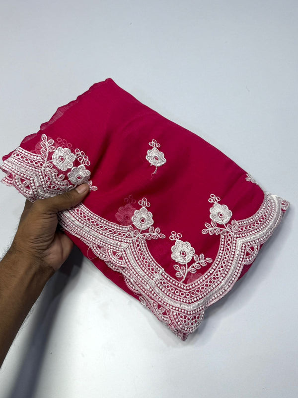 Soft wrinkles chiffon saree with amazing white flower