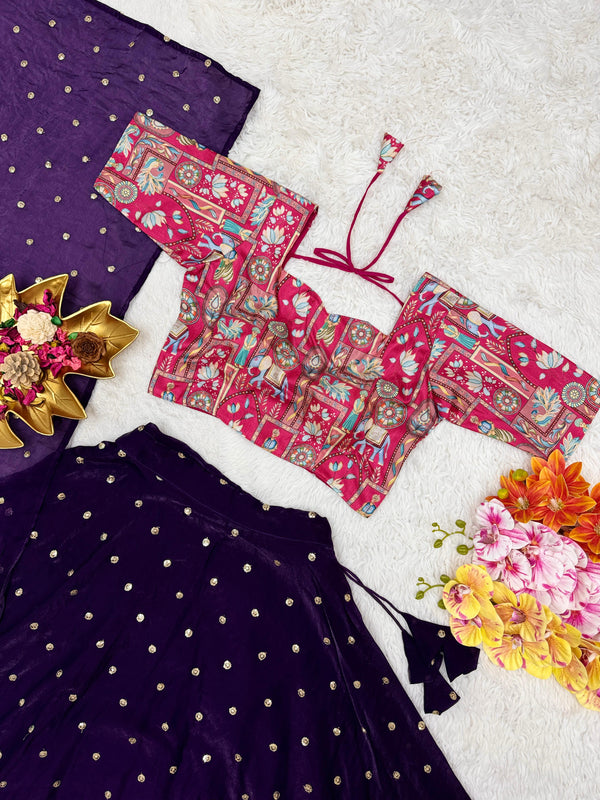 Soft Silk Embroidered Lehenga Set with Printed Blouse