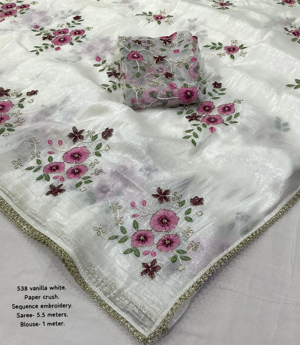 Soft paper crush saree with thread flower embroidery