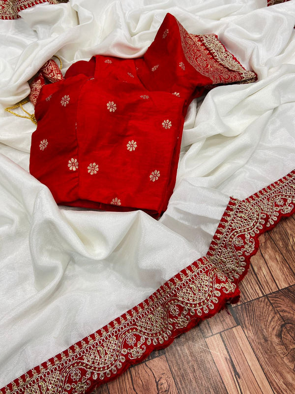 slub georgette (Heavy) with cut work red embroidered wor