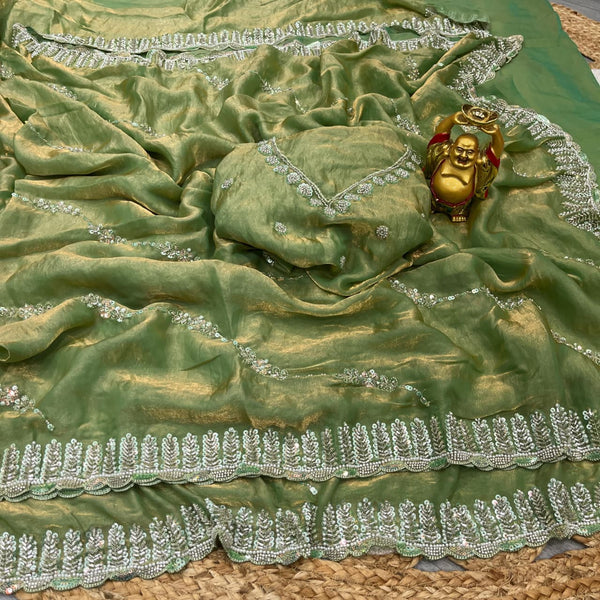 Elegant Space Silk Saree with Original Beads Work & Matching Blouse