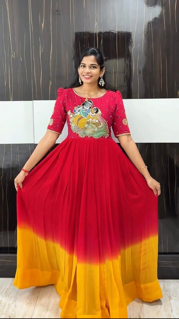 Beautiful Radhe Krishana Printed Maggam Work Gown