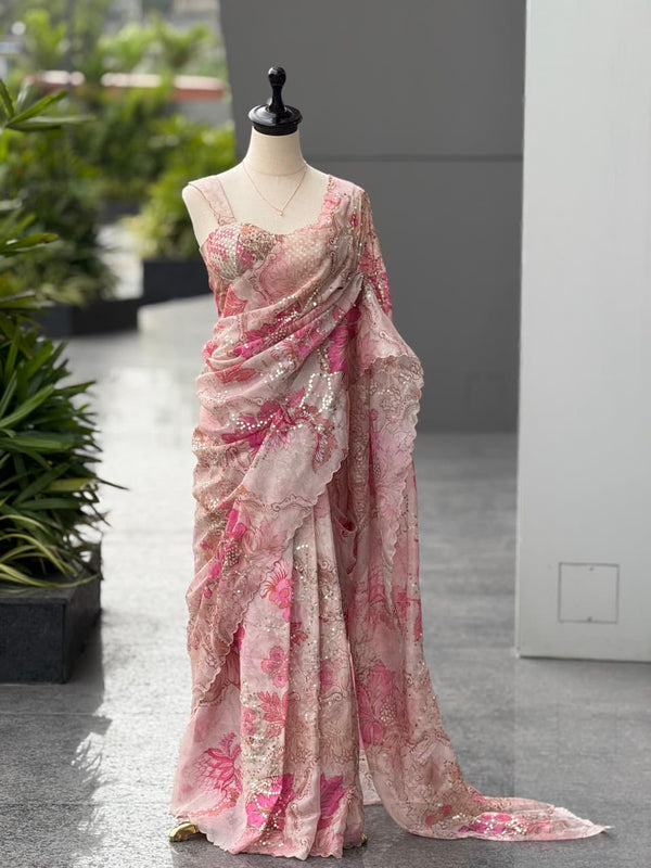 &nbsp;Pure Jimmy Organza digital printed saree with Sequins work