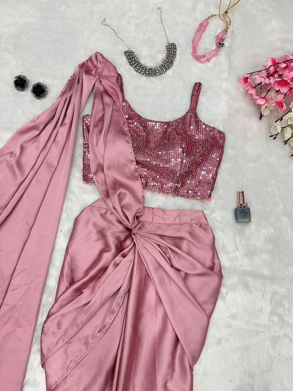 Japan satin silk Ready to wear western saree with handwork lace