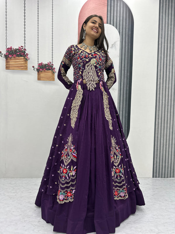 "Elegant Pure Vichitra Lehenga Set with Heavy Thread & Sequence Work – Stitched Top, Lehenga & Shrug Combo"
