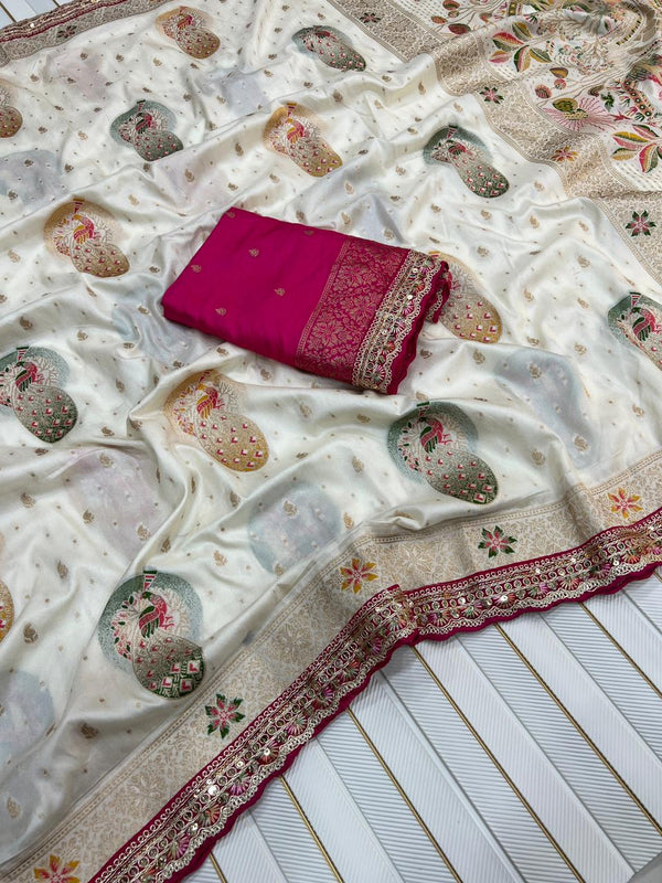 Premium Dola Silk Saree with Embroidery, Meenakari & Zari Weaving