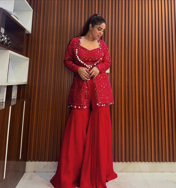 Premium Georgette Sharara Set with Embroidered Jacket, Real Mirror Work & Dupatta