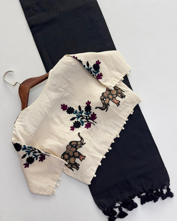 New Designer Pure Khadi Cotton Saree with Heavy Tassels & Floral Thread Work Blouse