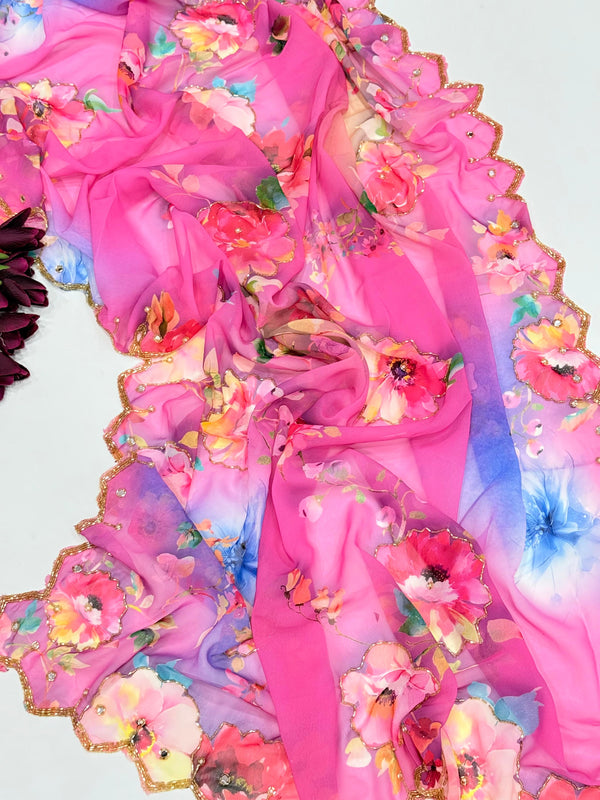 Exclusive Dual Georgette Handwork Saree – Cut Dana & Pearl Elegance