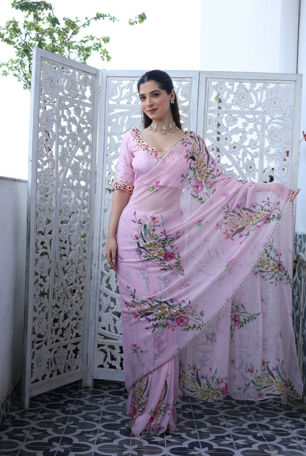 Elegant Pure Soft Tebby Silk Saree with Floral Print & Handwork Detailing